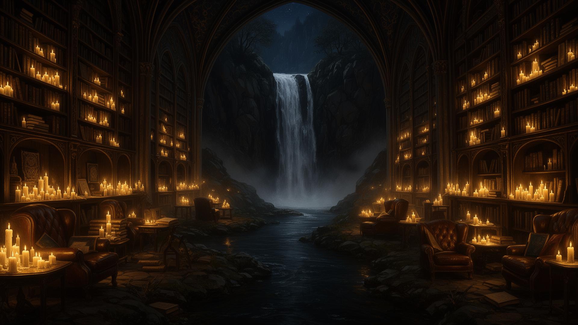 Immersive library sanctum with waterfall, candles, and bookshelves